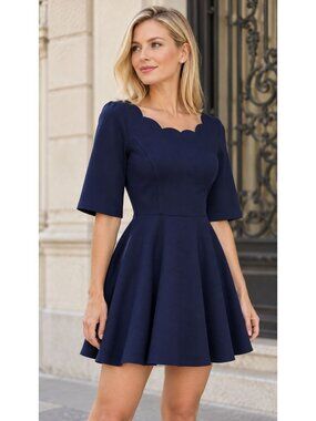 Lulus Dress Womens SM Navy Blue Scalloped Neck Fit Flare Skater Half Sleeve NWT